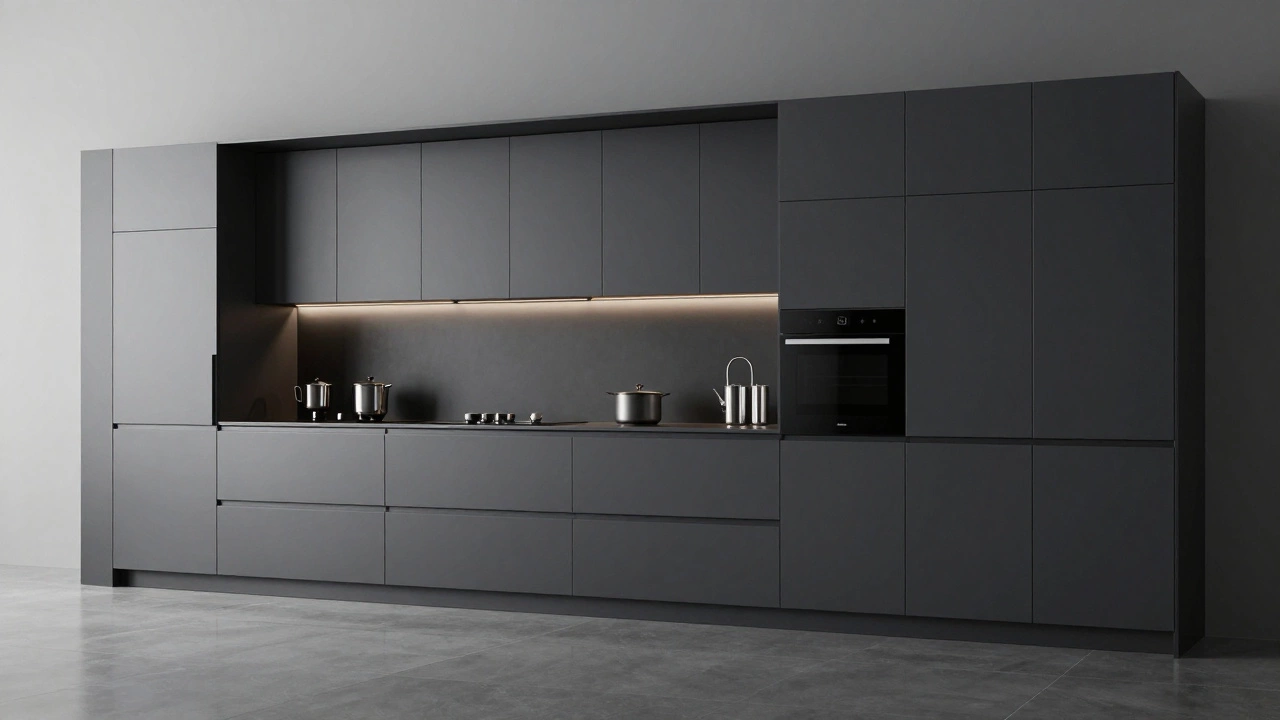 Современная кухня в стиле хай-тек с плоскими темно-серыми пластиковыми фасадами