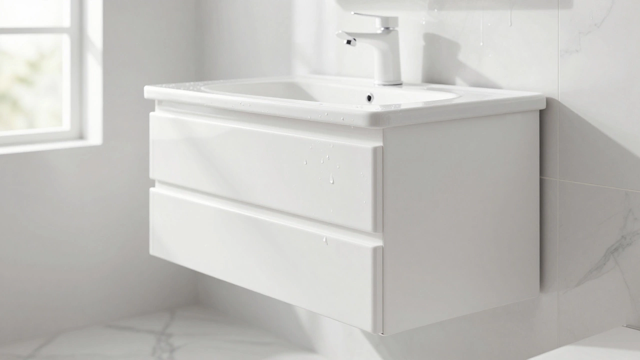 Современная ванная комната с тумбой из белого глянцевого МДФ с закругленными краями