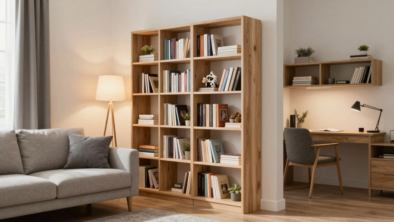 Стеллаж-перегородка, разделяющий зону отдыха и рабочую зону в комнате