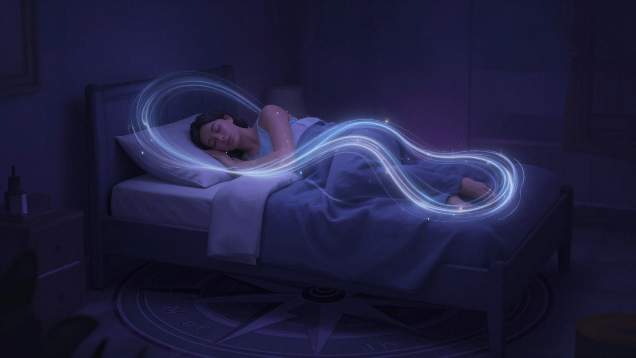 Стилизованное изображение потоков энергии Ци вокруг спящего человека, направленного на север