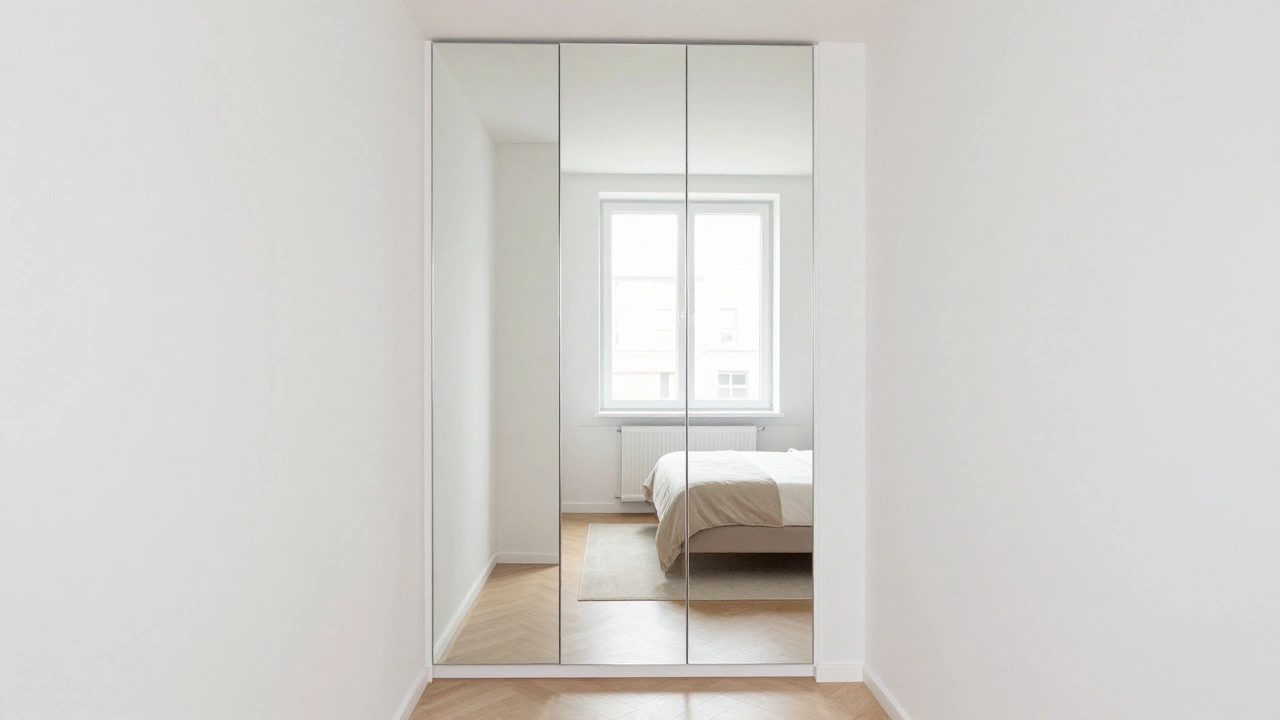 Встроенный зеркальный шкаф от пола до потолка в маленькой гостиной