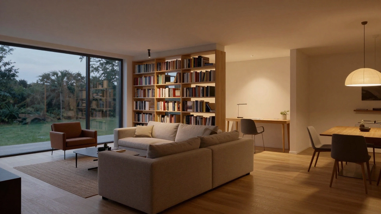 Зонирование гостиной с помощью островного дивана и открытого стеллажа-перегородки